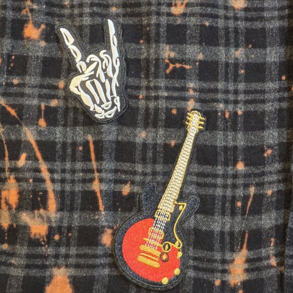 OOAK Upcycled Flannel Shirt Def Leppard Rockabilly Patches Distressed Grunge XL - Picture 4 of 13